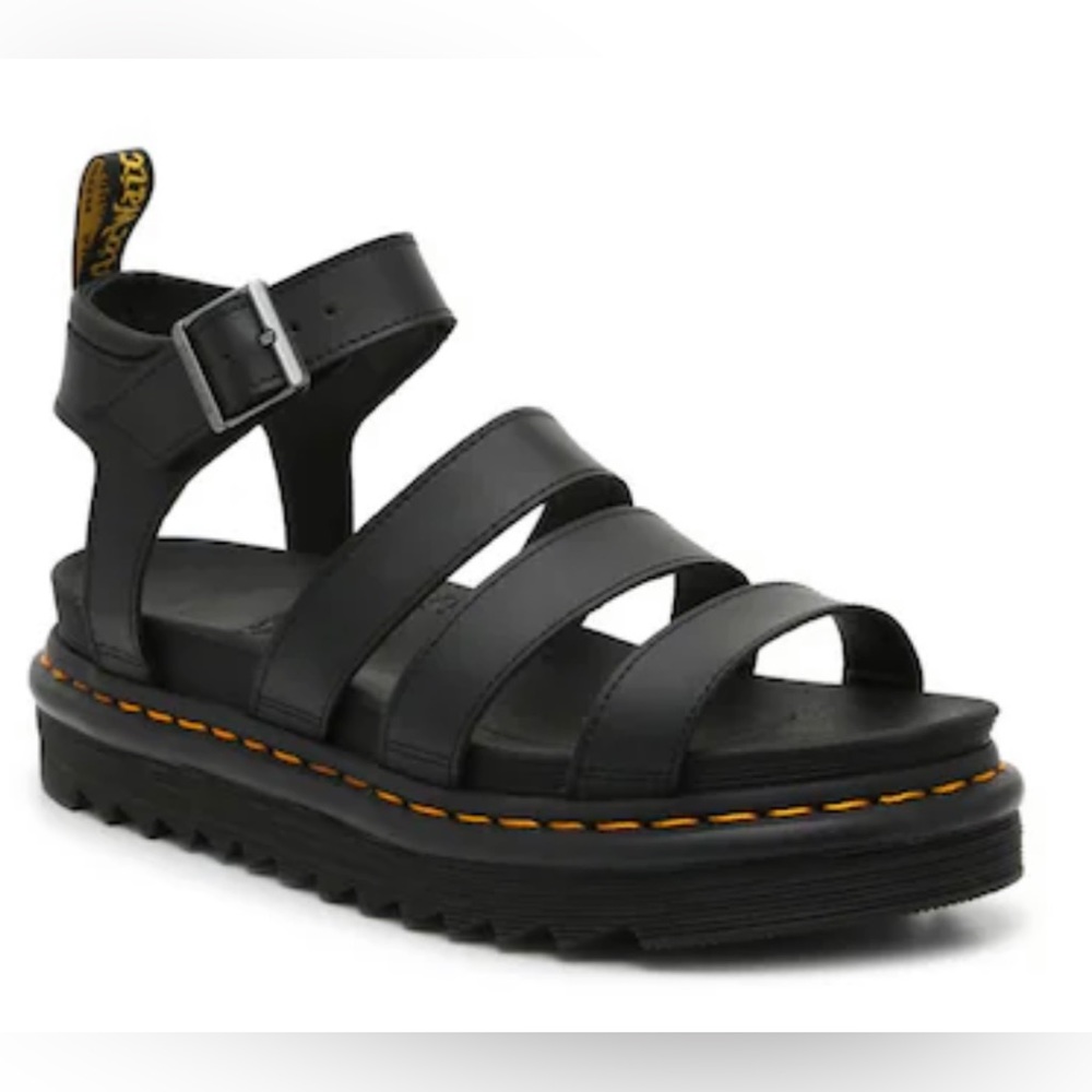 Dr. Martens Black Leather Platform Strappy Sandals with Yellow Stitching